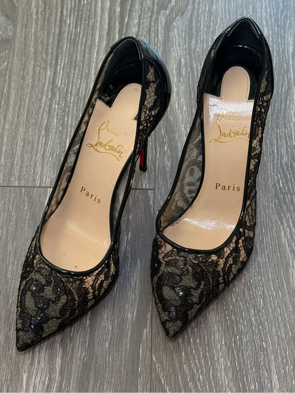 Christian Louboutin Black Patent Leather And Lace Follies Pumps Size 38.5